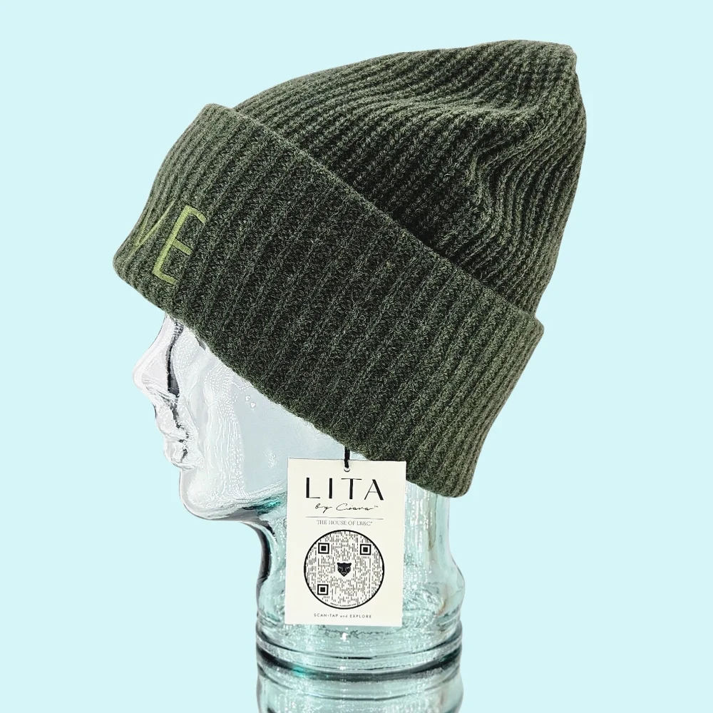 LITA by Ciara Hat Beanie Olive 100% Recycled Cashmere Love Embroidered Cottage